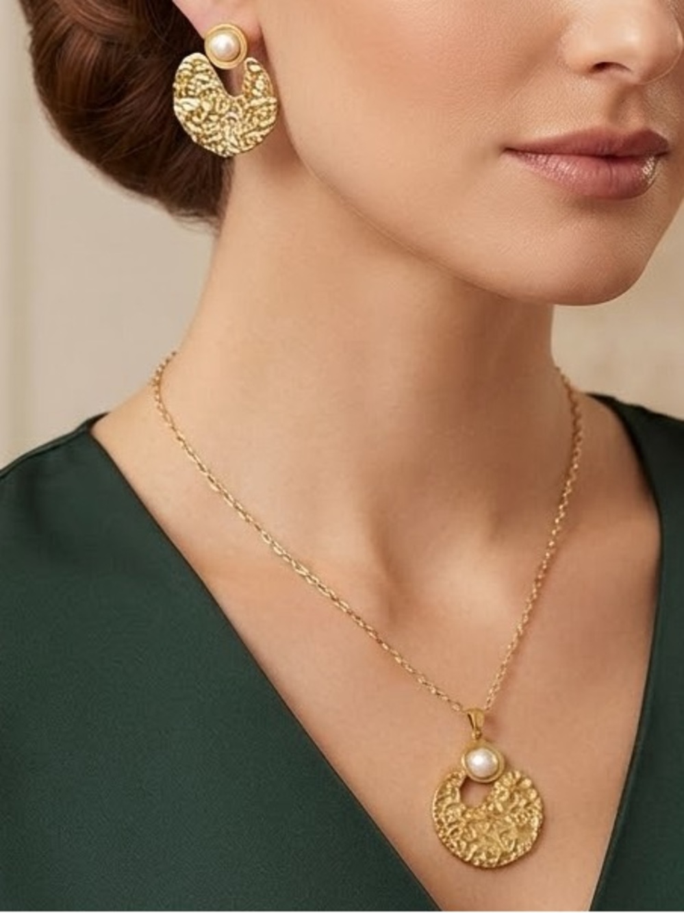 Stainless Steel Gold Pearl Textured Necklace & Earring Set. Womens jewelry